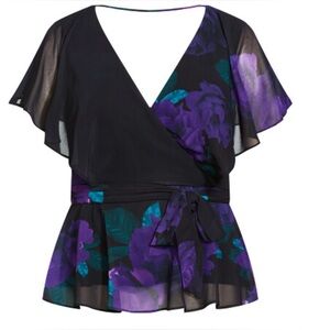 Floral Faux Wrap Top - Black and Purple city chic XL/22